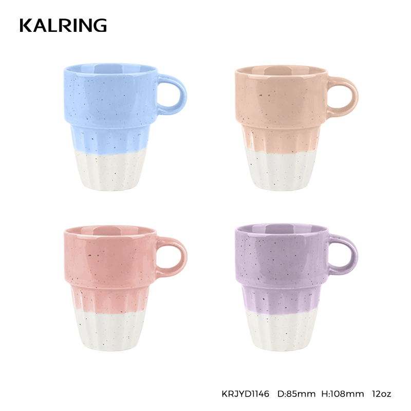 Kalring Best Selling 350cc 12oz Ice Cream Color Glazed with Black Spot Embossed Ceramic Stackable Mug for Supermarket